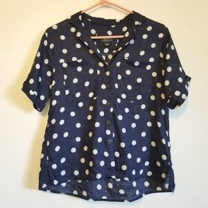 Maeve Polka Dot Linen Blouse Navy White XS